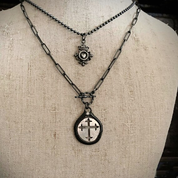 Gothic Cross Oxidized Silver Chain Toggle Clasp Necklace