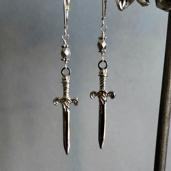 Silver Dangle Sword Dagger STERLING SILVER Leverback Earrings