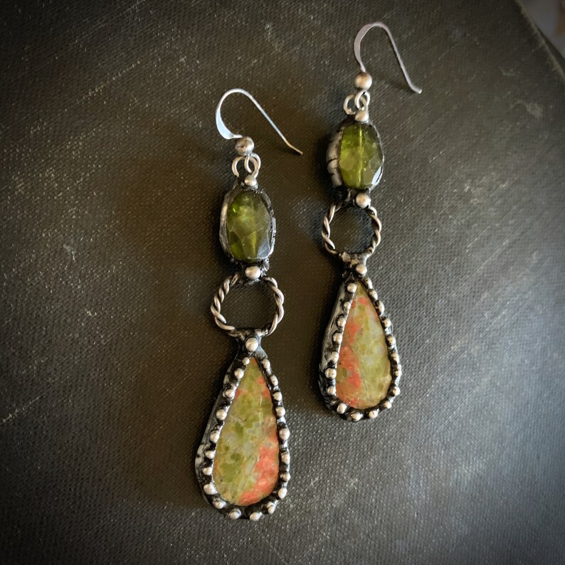 Peridot Statement Earrings, Teardrop Stone, Long Dangle Stone, Agate, Long Bohemian, Artisan Made Earrings, Handmade Long, Oxidized Silver image 5