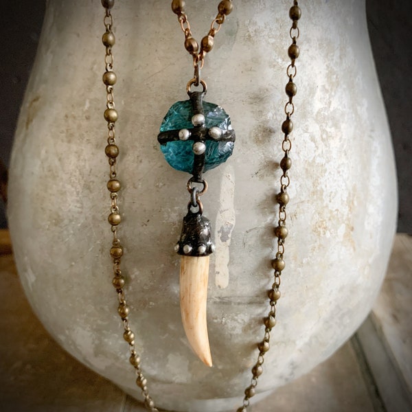 Artisan Unique Pendant Necklace, Long Tusk Horn Pendant, Stone Pendant, Long Rustic Necklace, Antler Tip, Boho Rustic Jewelry, ViaLove