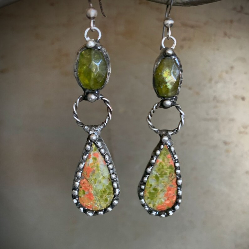 Peridot Statement Earrings, Teardrop Stone, Long Dangle Stone, Agate, Long Bohemian, Artisan Made Earrings, Handmade Long, Oxidized Silver image 3