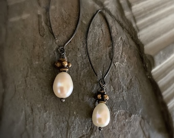Rustic Pearl Earrings, Oxidized Silver, Long Pearl, Oval Hook, White and Black Earrings, Handcrafted Jewelry, Dangle Pearl Drop, ViaLove
