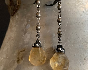 Raw Citrine Stone Earrings, Artisan Sterling Silver, Rough Stone, Long Dangle, Neutral, Long Gemstone, Chain Stone, Dangle Crystal, ViaLove