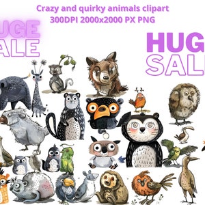 Könnte beinhalten: Ein digitaler Clipart-Satz mit skurrilen Tieren in verschiedenen Posen und Farben. Der Satz enthält einen Bären, eine Eule, eine Giraffe, einen Vogel und viele mehr. Der Text "HUGE SALE" erscheint zweimal im Bild.