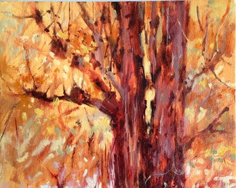 Autumn Fire Tree. Plein Air Oil Landscape Painting