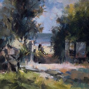 Entrada a la playa. Pintura de paisaje marino al óleo Plein Air