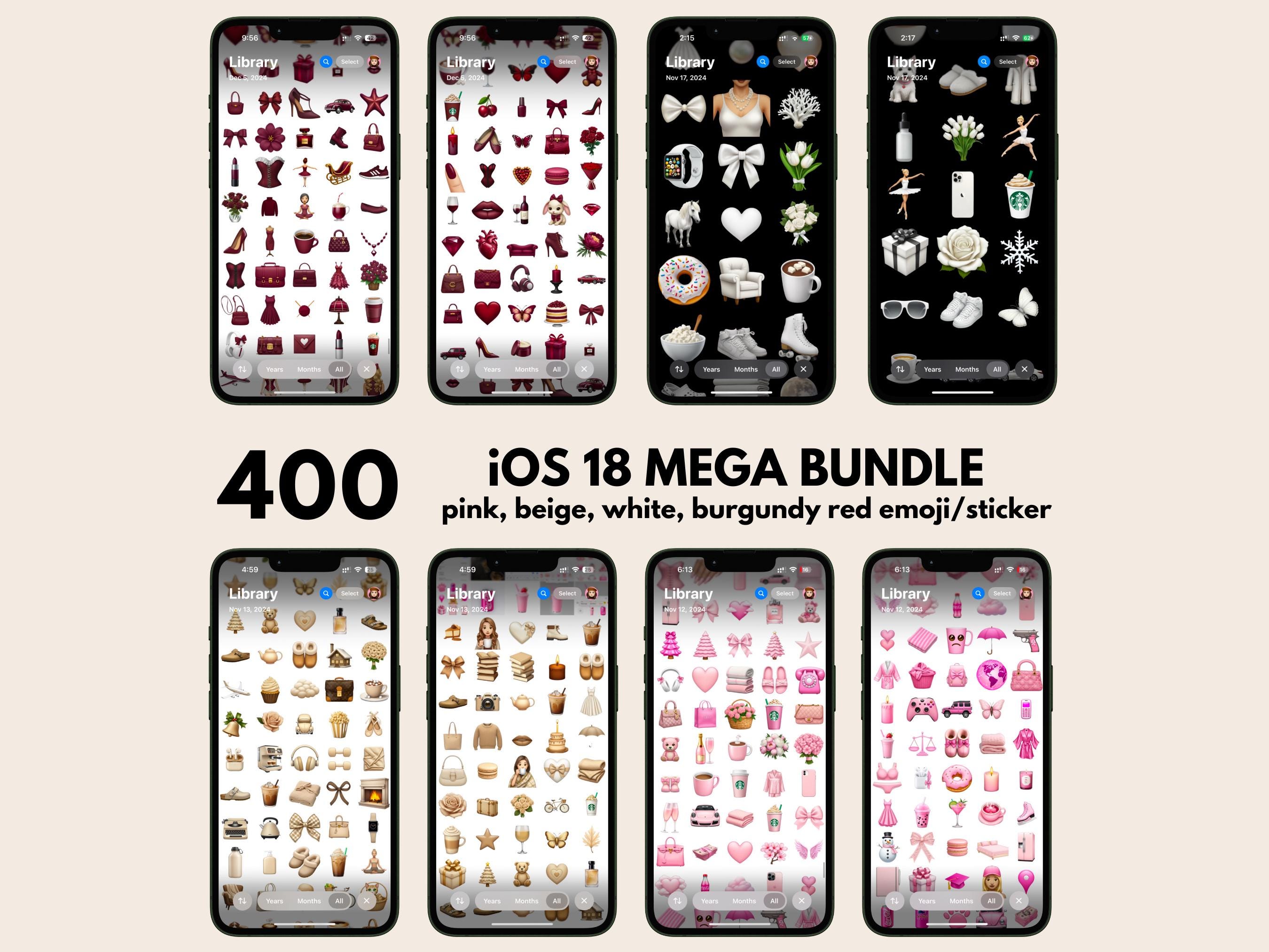 400 Ios 18 MEGA BUNDLE Emoji Pack Pink, Beige, White, Burgundy Red