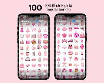 May include: A screenshot of a mobile phone displaying a collection of 100 pink girly emojis. The emojis are organized in a grid and include hearts, flowers, gifts, and other cute designs. The phone screen shows the text "Library" and "iOS 18 pink girly emojis bundle".