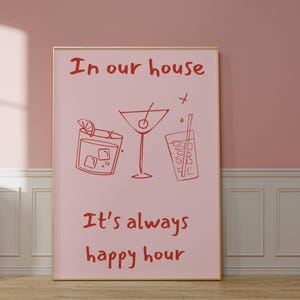 Happy Hour Print, Estetyczna sztuka ścienna na wózek barowy, Uroczy plakat z napojami, Znak wózka na napoje, Cytat na imprezę, Wydruk znaku powitalnego
