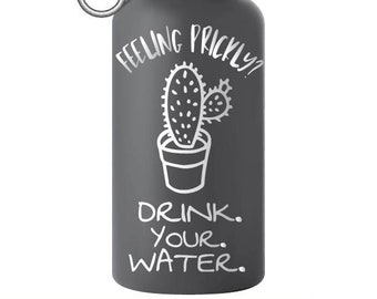 May include: A gray water bottle with a black lid and a silver carabiner clip. The bottle has a white graphic of a cactus with the text "Feeling prickly? Drink your water."