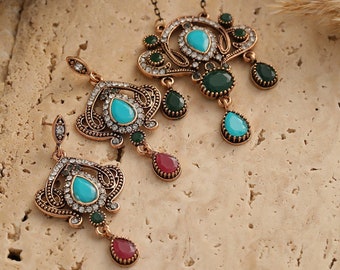 Handgemachte Smaragd, Rubin, Türkis Tropfen viktorianischen Stil Halskette Ohring Set Jade baumeln Ohrringe Geschenk für Mama Verlobung Schmuck