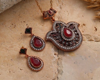 Handcrafted Hamsa Necklace and Drop Earrings with Ruby Accents - Unique Gift for Women Vintage Jewellery Set Unique Women's Necklace