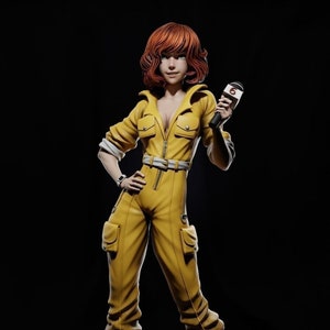 May include: A yellow jumpsuit figure with red hair holding a microphone with the number "6" on it. The figure is standing on a sewer grate with green slime dripping from a pipe.