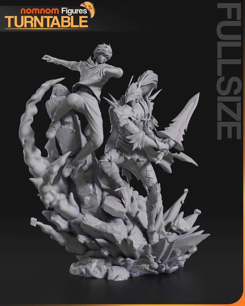 May include: A gray, full-size figurine featuring two characters in dynamic poses. One figure is a warrior with armor and a large sword, while the other is a person in casual clothing. The base is a detailed, rocky structure. The text "nomnom Figures TURNTABLE" is visible.