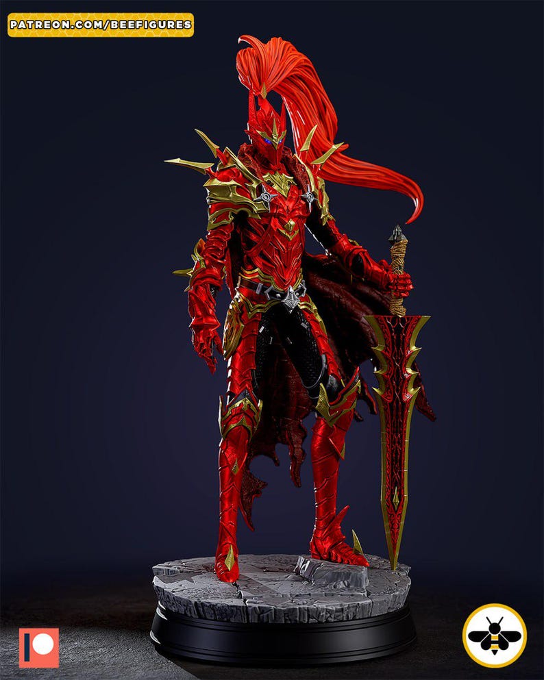 May include: A detailed figurine of a warrior in red and gold armor, holding a large sword. The figure has a flowing red hair and is standing on a stone base. The text "PATREON.COM/BEEFIGURES" is visible.