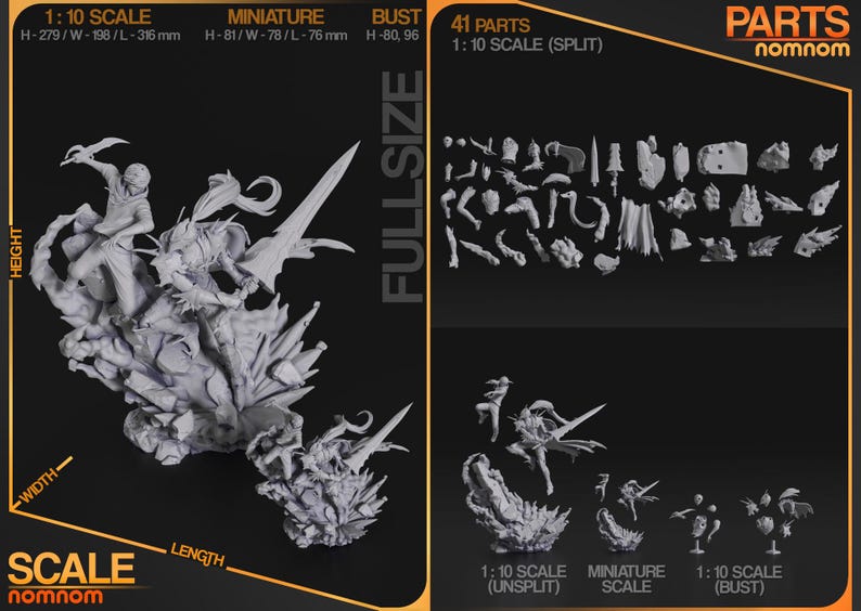 May include: A gray, unassembled miniature figurine of a fantasy battle scene, featuring two figures with swords and dynamic poses atop a rocky base. The image includes a breakdown of the 41 parts and scale information: 1:10 scale, miniature, and bust.