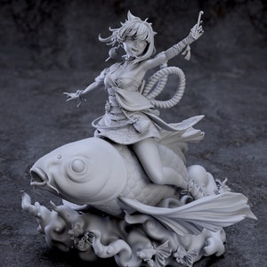 May include: A gray 3D printed figurine of a female character from the video game Genshin Impact riding a large koi fish. The character is wearing a long-sleeved, flowing outfit with a rope belt and a large, decorative fish fin on her head. The character is holding a small, thin object in her right hand. The koi fish is swimming through a cloud of water with smaller fish around it. The figurine is made by Chuya Factory.