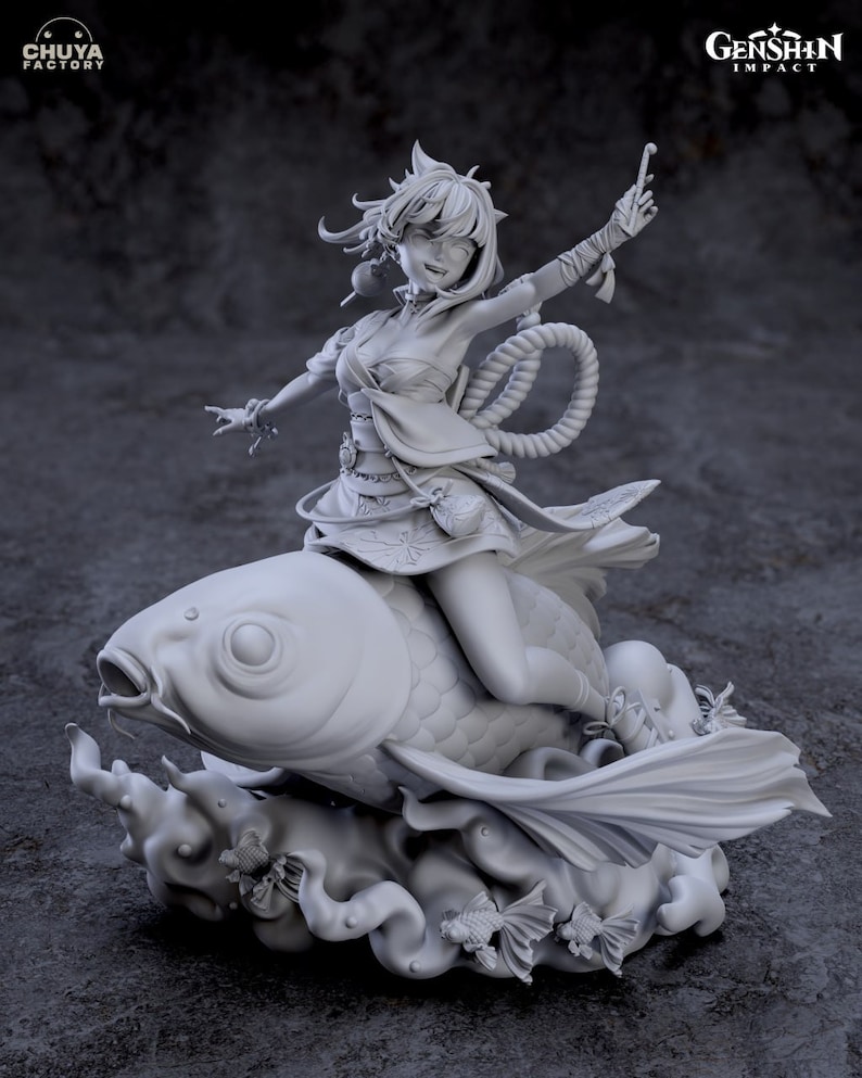May include: A gray 3D printed figurine of a female character from the video game Genshin Impact riding a large koi fish. The character is wearing a long-sleeved, flowing outfit with a rope belt and a large, decorative fish fin on her head. The character is holding a small, thin object in her right hand. The koi fish is swimming through a cloud of water with smaller fish around it. The figurine is made by Chuya Factory.