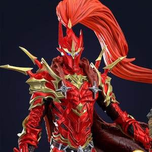 May include: A detailed red and gold fantasy figure with a flowing red hair-like element. The figure is clad in ornate armor with gold accents and a helmet. The figure has blue eyes and is set against a dark background. The text "PATREON.COM/BEEFIGURES" is visible.