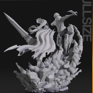 May include: A detailed, gray figurine of a battle scene. One figure is wielding a large sword, while another leaps forward with a weapon. The base features a cloud-like effect with rocky formations. The words "nomnom Figures TURNTABLE" are in the top left.