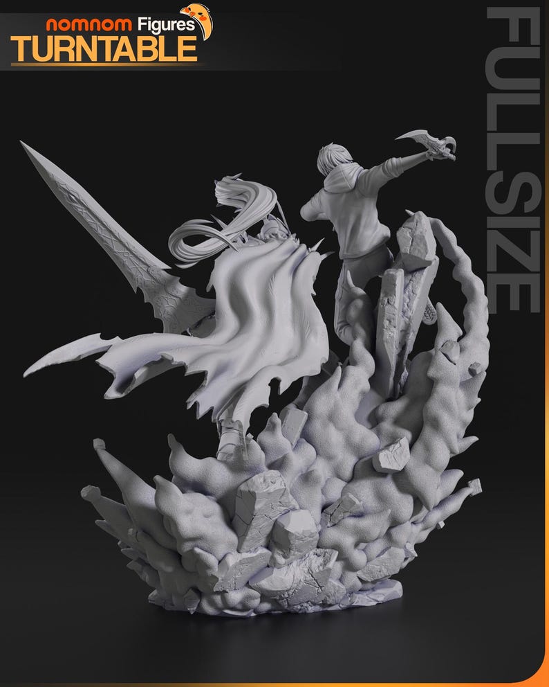 May include: A detailed, gray figurine of a battle scene. One figure is wielding a large sword, while another leaps forward with a weapon. The base features a cloud-like effect with rocky formations. The words "nomnom Figures TURNTABLE" are in the top left.