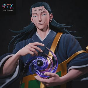 May include: A detailed figurine of a character with long black hair, stitched forehead, and blue earrings. The character wears a dark blue robe with gold accents and holds a swirling, purple energy orb. The STL Big Studio logo is in the upper left corner.
