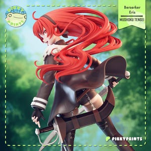 May include: A detailed figurine of Eris from Mushoku Tensei, with long, flowing red hair and a determined expression. She wears a dark outfit with a cape and carries a large sword. The figurine is set against a blurred green background.