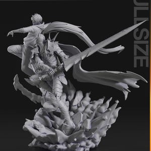 May include: A detailed gray figurine of two characters in dynamic poses. One is armored and wielding a large sword, the other is in a hoodie. The base is a rocky, cloud-like structure. The text "FULL SIZE" is visible.