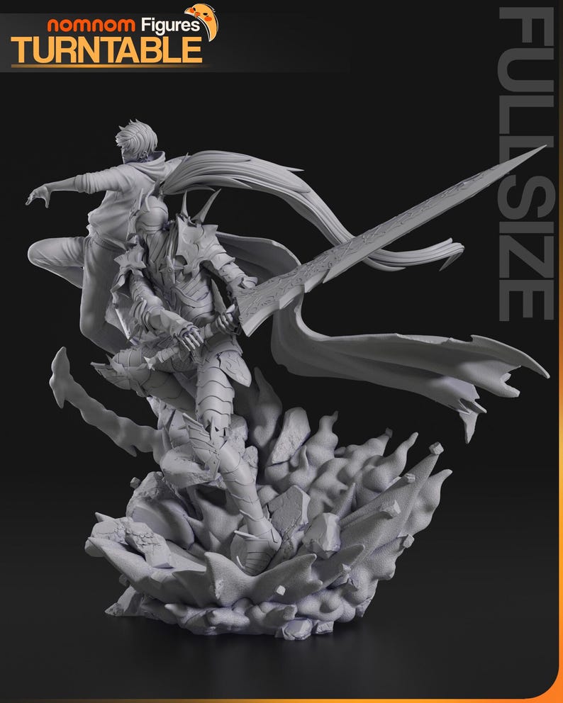 May include: A detailed gray figurine of two characters in dynamic poses. One is armored and wielding a large sword, the other is in a hoodie. The base is a rocky, cloud-like structure. The text "FULL SIZE" is visible.