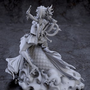 May include: Gray painted figurine of a female character from the video game Genshin Impact. The character is holding a staff and is riding a large fish. The base of the figurine is a cloud-like shape with a small fish.