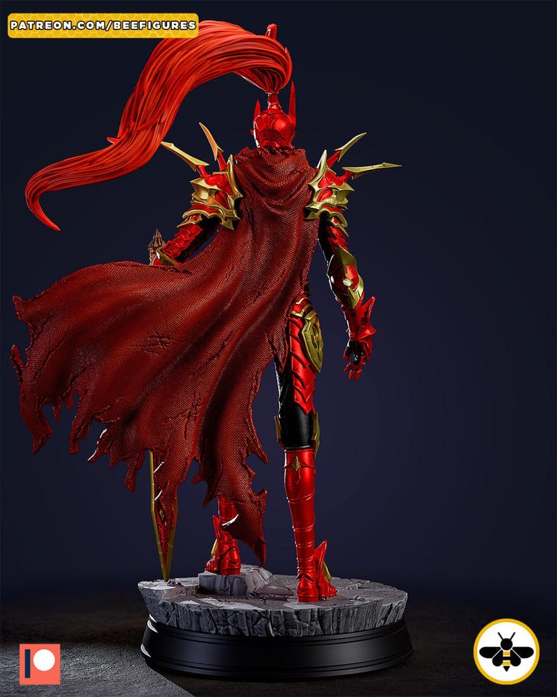 May include: A red and gold figurine of a warrior, viewed from the back. The figure is posed on a stone-like base. The warrior wears a red cape and armor with gold accents. The text "PATREON.COM/BEEFIGURES" is visible.