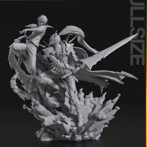 May include: A gray, full-size figurine featuring two characters in dynamic poses. One character is in armor, holding a large sword, while the other is in casual clothing. The base is a detailed, rocky structure. The text "nomnom Figures TURNTABLE" is at the top.