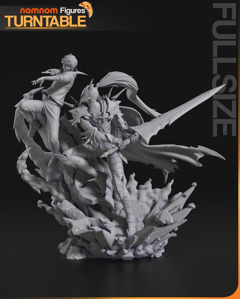 May include: A gray, full-size figurine featuring two characters in dynamic poses. One character is in armor, holding a large sword, while the other is in casual clothing. The base is a detailed, rocky structure. The text "nomnom Figures TURNTABLE" is at the top.