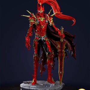 May include: A detailed figurine of a warrior in red and gold armor, holding a large sword. The figure has a long, flowing red ponytail and stands on a textured base. The image includes the text "PATREON.COM/BEEFIGURES".