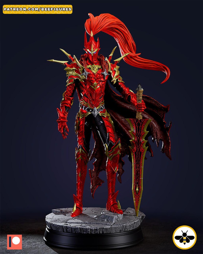 May include: A detailed figurine of a warrior in red and gold armor, holding a large sword. The figure has a long, flowing red ponytail and stands on a textured base. The image includes the text "PATREON.COM/BEEFIGURES".