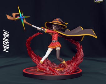 May include: A detailed figurine of a character in a red and black outfit, holding a staff with a star-shaped design. The figure is posed on a fiery red base, with the word "MEGUMIN" in white text on the side. The image also includes text that says "HIGH-QUALITY PRE-SUPPORTS" and "PATREON.COM/BULKAMANCER".