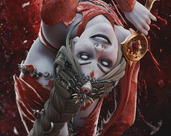 May include: A digital art piece of a pale-skinned figure with white eyes, wearing a red and gold outfit. The figure has long, braided hair and is holding a golden weapon. The background is a dark red with splashes of red.