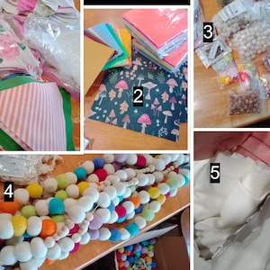 May include: Assortment of craft supplies including fabric squares with floral and striped patterns, colorful felt balls, and various beads. A variety of craft materials are visible, including paper and fabric, ideal for DIY projects and crafting.