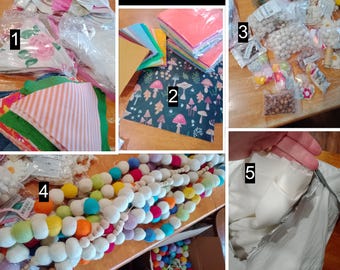 Supply Destash - Pennant, Banner, Felt Balls, Wooden Beads, Natural, Crocheted Flowers, PUL 1 Mil 6 yards, Bias tape, felt
