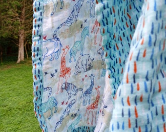 Adult-sized Muslin Throw - Zoo Animals. 4 layer gauze. Great Gift.