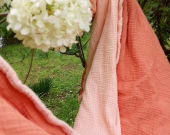 Adult Muslin Blanket, 4 Layer Gauze Throw/ Great Gift/ Blush and Melon. Wonderful summer throw