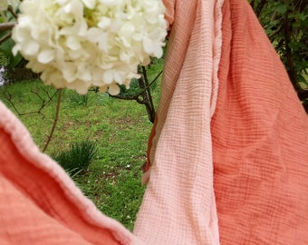 Adult Muslin Blanket: 4-Layer Cotton Gauze Throw - Blush & Melon