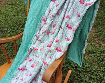 Adult sized Muslin Blanket: 4-Layer Cotton Gauze Throw - light and airy. Flamingo mint shibhori