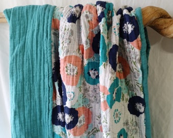 Adult Muslin Throw Blanket. Floral with Teal. 4 layer Gauze. Great Gift