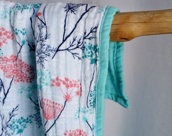 Lightweight Muslin Throw Blanket: 4-Layer Cotton Gauze - Coral & Saltwater