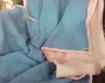 Adult Muslin Blanket, 4 Layer Gauze Throw/ Great Gift - Gentle Peach and French Blue