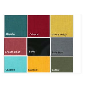 May include: Nine fabric swatches in various colors, including teal labeled "Regatta", deep red labeled "Crimson", and yellow labeled "Mineral Yellow". Other colors include "English Rose", black, "Blue Bayou", turquoise "Cascade", orange "Marigold", and olive green "Loden".