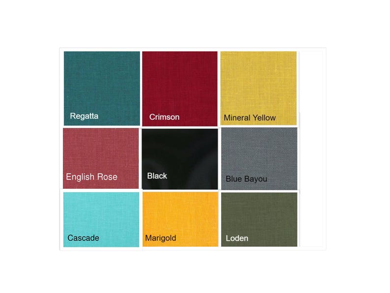 May include: Nine fabric swatches in various colors, including teal labeled "Regatta", deep red labeled "Crimson", and yellow labeled "Mineral Yellow". Other colors include "English Rose", black, "Blue Bayou", turquoise "Cascade", orange "Marigold", and olive green "Loden".