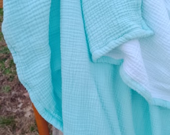 Adult Muslin Blanket: 4-Layer Cotton Gauze Throw - Blue and White