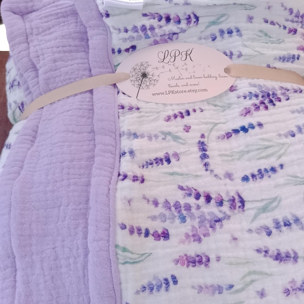 Adult sized Muslin Blanket: 4-Layer Cotton Gauze Throw - light and airy. Lavender Fields